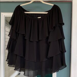 Show me your Mumu Black Tiered Ruffle Off-Shoulder Blouse, so cute